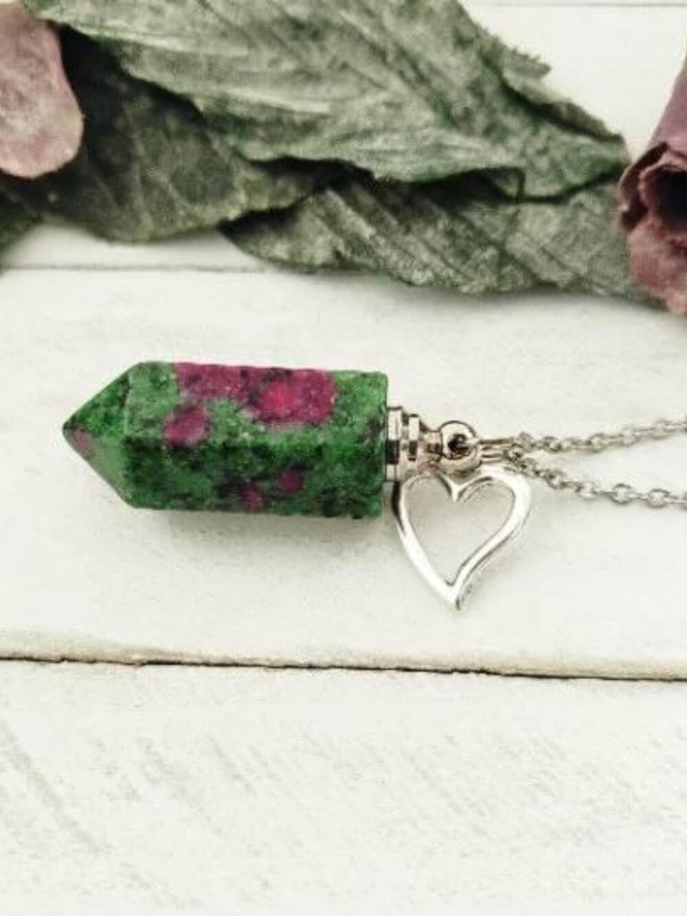 Natural Ruby Zoisite Hexagonal Stone Pendant Necklace Heart Charm